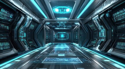 Secure telecom server room with glowing blue lights and robust data protection technology for modern networks.