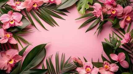 Fototapeta premium Vibrant floral arrangement featuring pink orchids and lush green leaves on a soft pink background
