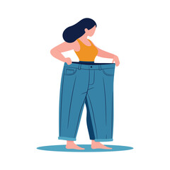 The girl shows how she lost weight. Diet, weight loss, slimming concept. Slim waist of young woman showing her old jeans after successful diet. Vector illustration isolated on white.