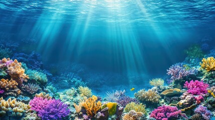 Fototapeta premium Vibrant Underwater Coral Reef with Sunlight and Colorful Fish