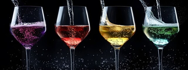 Four colorful drinks in champagne glasses
