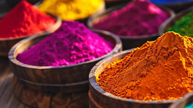 close up traditional color powders Gulal or abir in wooden bowl	

