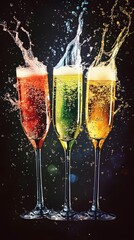 Four colorful drinks in champagne glasses
