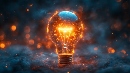A glowing light bulb radiates bright sparks in a dramatic atmosphere, symbolizing innovation, creativity, and inspiration. Perfect for themes of ideas and technology advancements.