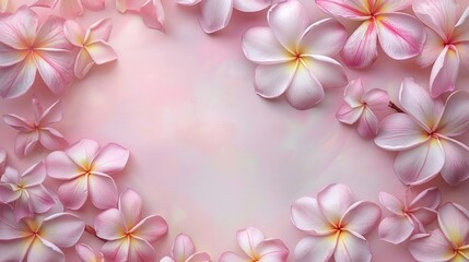 Fototapeta premium Delicate pink plumeria flowers arranged elegantly on a soft pastel background, perfect for invitations