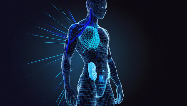 AI generative. Human body digital abstract. Wireframe silhouette of polygon. Body anatomy blue lines on dark background. Futuristic style man model 3d illustration. 116