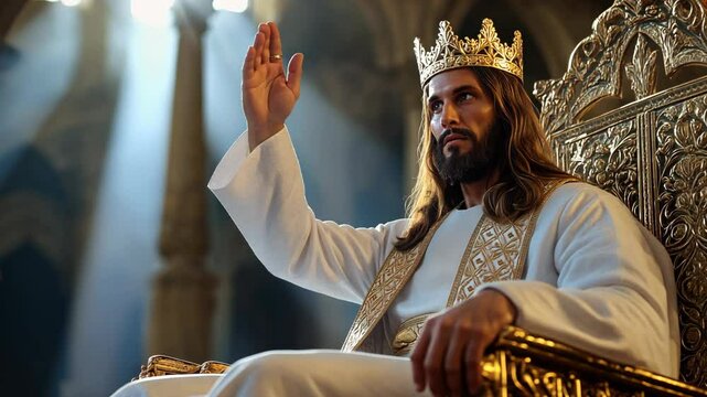 man dress up as Jesus Christ wearing ornate white robe and gold crown sitting on the glory throne of heaven, Jesus govern on earth