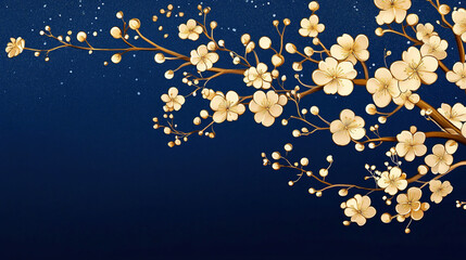 Golden Flower Branch Against Blue Background