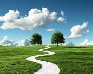 A winding path through lush green grass leads to two trees under a bright blue sky adorned with fluffy clouds.
