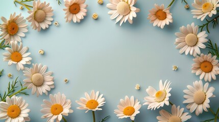 Obraz premium Beautiful arrangement of daisies on a soft blue background, creating a serene floral frame