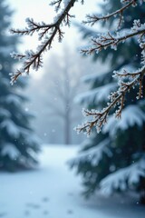 Frosty tree branches stretch towards snowy windowpane, frosty glass, twigs, evergreen