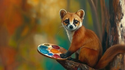 Fototapeta premium A charming weasel artist paints a colorful palette in a sun-drenched forest during autumn