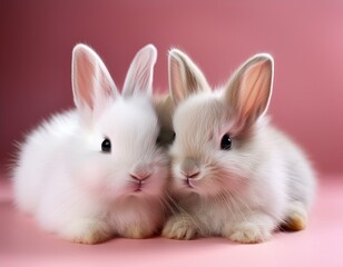 Obraz premium adorable bunny pair on pink two fluffy white bunnies snuggle close together against a soft pink background a heartwarming image perfect for easter spring or pet themed projects