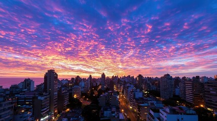 Fototapeta premium Coastal city sunrise, vibrant sky, buildings, ocean. Use travel brochure