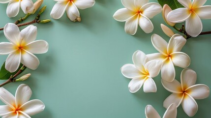 Fototapeta premium A serene arrangement of white plumeria flowers on a soft green background, evoking tranquility