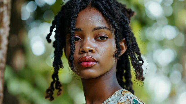 young black African woman with dreadlock hairstyle with gentle smile at green park outdoor 