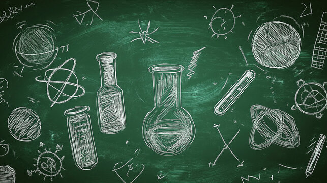 Kid's learning inspiration world in science education with girl child's imagination doodle on teacher's school chalkboard for back to school month and international or universal children's day concept