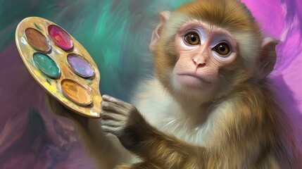 Creative monkey holds a colorful palette while contemplating a vibrant masterpiece in a whimsical studio setting