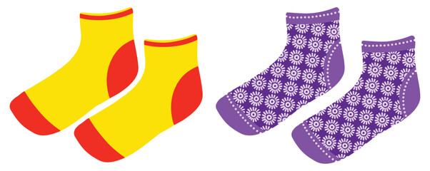 Cute baby socks vector illustration. Collection of colorful socks icons with different ornaments isolated on white background. Funny socks for kids. Christmas hanging socks. Autumn and winter new sock