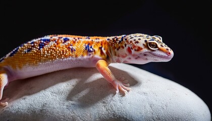 Naklejka premium leopard gecko perched on a rock a captivating image of a leopard gecko boasting vibrant orange blue and red markings perched atop a smooth white rock creating a striking contrast