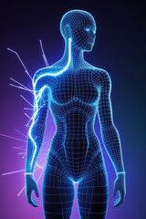 AI generative. Human body digital abstract. Wireframe silhouette of polygon. Body anatomy blue lines on dark background. Futuristic style woman model 3d illustration. 133