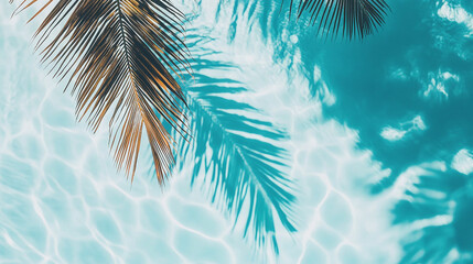 Palm tree leaves are casting a shadow over turquoise swimming pool water, evoking a sense of tranquility and relaxation on a summer holiday at a luxurious resort