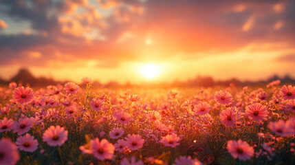 Fototapeta premium Seasonal backgrounds with vibrant summer wildflowers swaying in a golden sunset