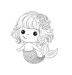 Cute illustration of a cheerful mermaid with flowing hair and charming expression, surrounded by aquatic elements