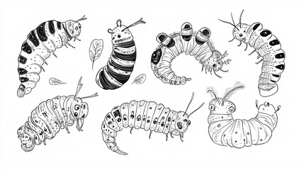 Line art of a collection of caterpillars with unique markings