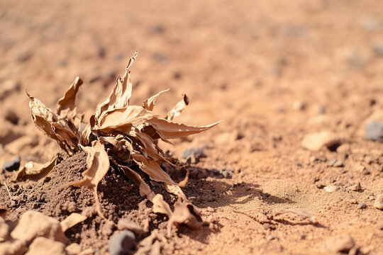 Dried Plant in Arid Soil: Close-up view of a desiccated plant, its withered leaves curled and brittle, clinging to the dry, sandy soil under the harsh sunlight.