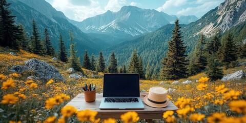 Transform your perspective with this captivating view of a laptop on a wooden table, nestled in a vibrant floral landscape amidst breathtaking mountains under clear skies.