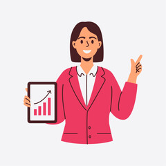 A confident businesswoman presents a tablet displaying an upward trending graph indicating growth and success