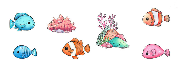 Colorful watercolor fish with coral and rocks illustrating an underwater scene filled with life