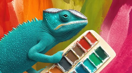 Colorful lizard artist holding paint palette against vibrant abstract background