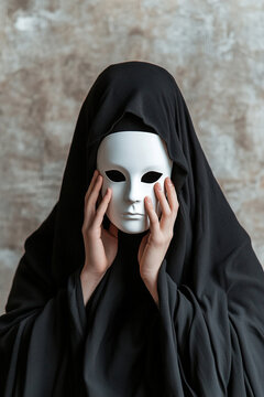 Dressed in all black, a figure stands against a textured backdrop, holding a white mask before their face. The dim lighting enhances the mysterious aura of the scene, creating a striking contrast