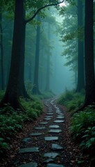Fototapeta premium A weathered stone pathway vanishing into the darkness of a misty forest, atmosphere, mystery
