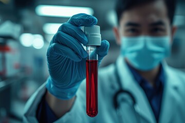 Medical professional demonstrates test tube containing red liquid while wearing blue gloves and a protective mask in a laboratory setting