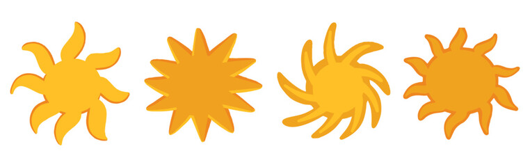 Set of sun vector icon collection. Cute sun drawing, sun Illustrations. Orange and yellow sun watercolor sticker. Summer sunshine, solar glow, sunrise. Different sun face colored. Doodle sun clipart