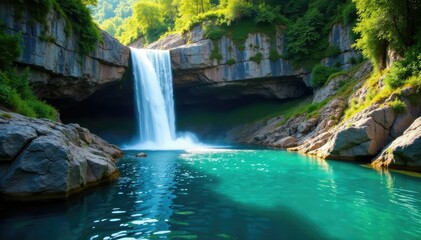 Fototapeta premium A waterfall cascading down a rocky cliffside into a crystal clear lake, flow, cascade, cliff