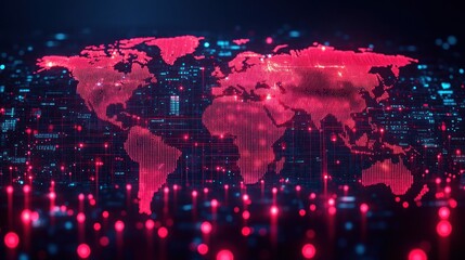 Global network digital map with red glowing nodes.