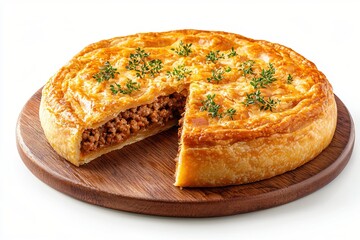Delicious homemade meat pie with golden crust and fresh thyme on rustic wooden board