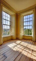 Fototapeta premium Sunlit corner room with large windows overlooking a green landscape, ideal for interior design