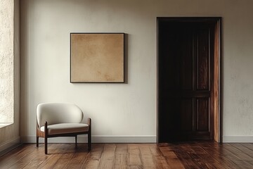 Minimalist interior design featuring a chair and an empty frame in a modern room with wooden flooring and soft lighting