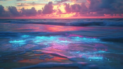 A serene tropical beach at sunset with glowing waves and a radiant horizon blending vivid hues