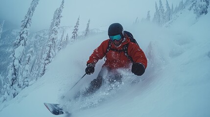 Skier carving through deep powder snow on a mountain slope. (1)