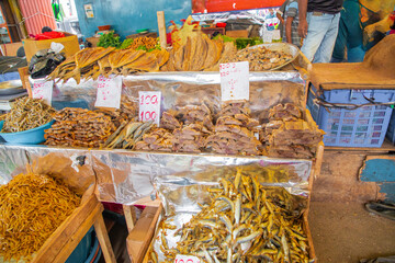 wide variety seasonal vegetables and fruits Crowded central food Market Colombo.