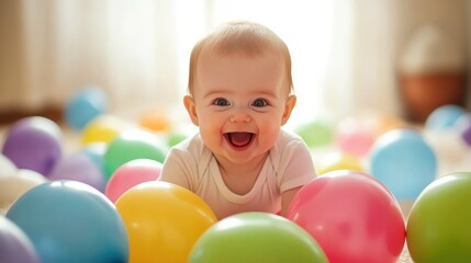 Obraz premium A Giggle-Filled Day: Happy Baby Amidst Colorful Balloons