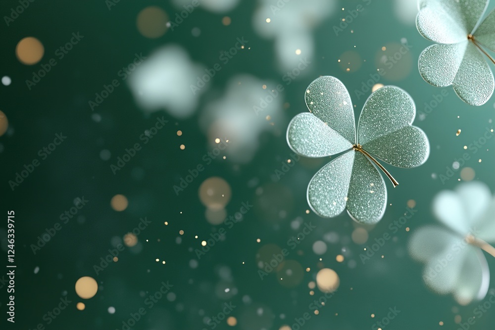 Poster floating shamrocks in various sizes softly glow against a blurred green gradient, creating a playful