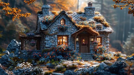 A small stone house with a front porch and hanging flower baskets.  