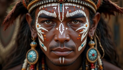 A tribal man with intricate face paint, adorned with traditional jewelry and headgear, reflecting deep cultural heritage.
